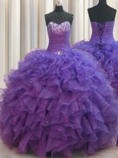 Custom Fit Beaded Bust Purple Sleeveless Floor Length Beading and Ruffles Lace Up Ball Gown Prom Dress
