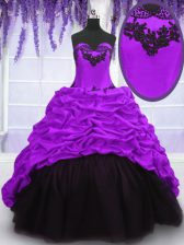  Purple Ball Gowns Taffeta Sweetheart Sleeveless Appliques and Pick Ups With Train Lace Up Sweet 16 Quinceanera Dress Sweep Train