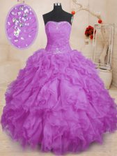 Superior Floor Length Lace Up Quinceanera Gown Purple for Military Ball and Sweet 16 and Quinceanera with Beading and Ruffles and Ruching