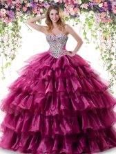Ideal Ruffled Floor Length Fuchsia Quinceanera Gown Sweetheart Sleeveless Lace Up