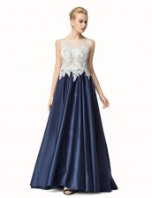  Brush Train A-line Prom Gown Navy Blue Satin Sleeveless Side Zipper