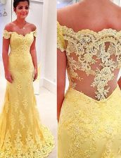 Custom Design Mermaid Lace Yellow Off The Shoulder Neckline Appliques Homecoming Dress Short Sleeves Side Zipper