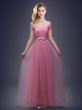 Suitable Pink Tulle Lace Up Off The Shoulder Sleeveless Floor Length Quinceanera Dama Dress Ruching and Bowknot