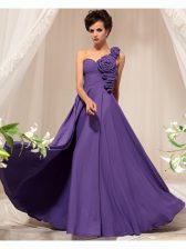  One Shoulder Sleeveless Prom Party Dress Floor Length Hand Made Flower Purple Chiffon