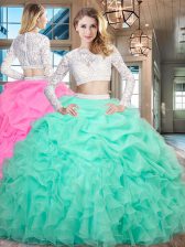 Cute Scoop Floor Length Apple Green Quinceanera Gown Organza Long Sleeves Beading and Lace and Ruffles