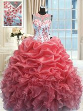Luxury Scoop Sleeveless 15 Quinceanera Dress Floor Length Beading and Ruffles Watermelon Red Organza