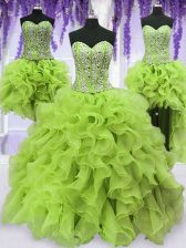  Four Piece Yellow Green Sweetheart Neckline Beading and Ruffles Sweet 16 Quinceanera Dress Sleeveless Lace Up