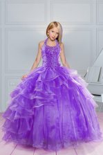  Halter Top Sleeveless Lace Up Floor Length Beading and Ruffles Kids Pageant Dress