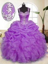High End Floor Length Zipper Sweet 16 Dress Lavender for Military Ball and Sweet 16 and Quinceanera with Beading and Ruffles and Pick Ups