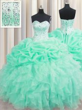  Floor Length Apple Green Quinceanera Dresses Organza Sleeveless Beading and Ruffles and Pick Ups