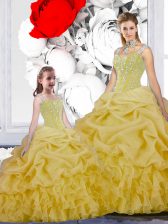 Deluxe Yellow Organza Lace Up Straps Sleeveless Floor Length Sweet 16 Dress Beading and Ruffles and Pick Ups