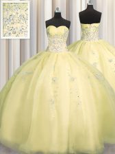 Gorgeous Really Puffy Light Yellow Ball Gowns Beading and Appliques Ball Gown Prom Dress Zipper Organza Sleeveless Floor Length