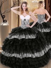 Enchanting Black Organza and Printed Lace Up Sweet 16 Quinceanera Dress Sleeveless Floor Length Ruffled Layers and Pattern