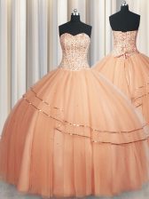 Luxurious Visible Boning Really Puffy Sweetheart Sleeveless Organza Quinceanera Dress Beading and Ruching Lace Up