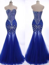  Mermaid Royal Blue Tulle Zipper Homecoming Dress Sleeveless Brush Train Beading