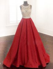 Suitable Scoop Sleeveless Prom Gown Floor Length Beading Red Satin