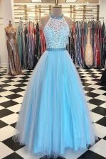 Cheap Halter Top Floor Length A-line Sleeveless Blue Prom Dresses Zipper