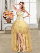 Glamorous Sequins High Low Ball Gowns Sleeveless Gold Dress for Prom Lace Up