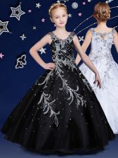 Beauteous Scoop Floor Length Zipper Little Girl Pageant Gowns Black for Quinceanera and Wedding Party with Beading