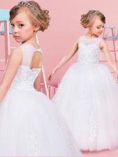 Cheap Scoop Sleeveless Floor Length Beading and Lace and Appliques Lace Up Flower Girl Dresses for Less with White