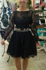 Excellent Scoop Lace Knee Length A-line Long Sleeves Black Prom Dress Backless