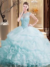  Scoop Lace Up Quinceanera Gown Light Blue for Military Ball and Sweet 16 and Quinceanera with Beading and Ruffles and Pick Ups Brush Train