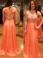  Orange A-line Scoop Sleeveless Chiffon Brush Train Backless Beading Dress for Prom