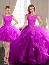 Noble Three Piece Scoop Beading and Appliques and Ruffles Sweet 16 Quinceanera Dress Fuchsia Lace Up Cap Sleeves With Brush Train