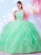  Ball Gowns Sweet 16 Dresses Apple Green High-neck Tulle Sleeveless Floor Length Lace Up