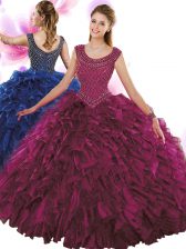 Lovely Scoop Floor Length Zipper Quince Ball Gowns Fuchsia for Military Ball and Sweet 16 and Quinceanera with Beading and Ruffles