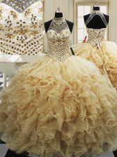  With Train Lace Up Quinceanera Gown Champagne for Military Ball and Sweet 16 and Quinceanera with Beading and Ruffles Sweep Train