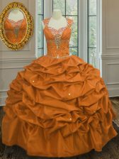 Inexpensive Straps Floor Length Lace Up Quinceanera Dress Orange for Military Ball and Sweet 16 and Quinceanera with Beading and Pick Ups