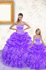 Elegant Lavender Sweetheart Neckline Beading and Ruffles and Pick Ups 15th Birthday Dress Sleeveless Lace Up