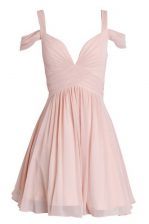Custom Made Sleeveless Chiffon Knee Length Backless Prom Dresses in Peach with Ruching