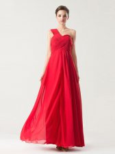 Perfect Red Column/Sheath Chiffon One Shoulder Sleeveless Ruching Floor Length Zipper Dress for Prom