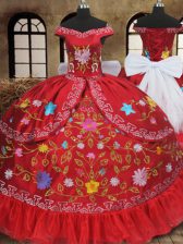 Sweet Off the Shoulder Red Sleeveless Floor Length Embroidery and Bowknot Lace Up 15 Quinceanera Dress