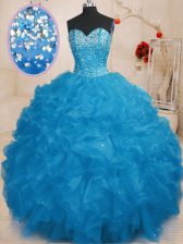  Sleeveless Floor Length Beading and Ruffles Lace Up Sweet 16 Dress with Blue