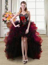 Elegant High Low Lace Up Homecoming Dress Red for Prom and Party with Beading and Ruffles and Hand Made Flower