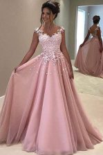 Hot Sale With Train Zipper Evening Dress Pink for Prom with Appliques Sweep Train
