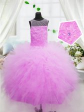  Scoop Hot Pink Ball Gowns Beading and Appliques Kids Pageant Dress Zipper Tulle Sleeveless Floor Length
