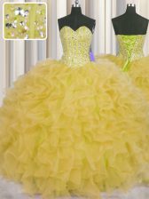 Stunning Visible Boning Sleeveless Organza Floor Length Lace Up Sweet 16 Dresses in Yellow with Beading and Ruffles and Sashes ribbons