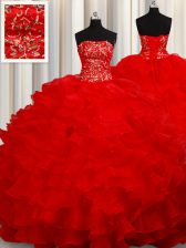 Modest Red Sleeveless Organza Lace Up Quinceanera Dress for Military Ball and Sweet 16 and Quinceanera