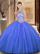 High Class Blue Ball Gowns Organza High-neck Sleeveless Lace and Appliques Floor Length Lace Up Ball Gown Prom Dress