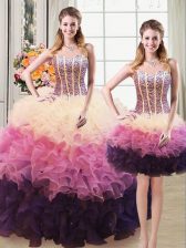 Glittering Three Piece Sweetheart Sleeveless Lace Up Quinceanera Dresses Multi-color Organza