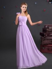  One Shoulder Sleeveless Floor Length Ruching and Hand Made Flower Zipper Dama Dress with Lavender