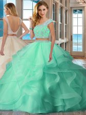  Apple Green 15th Birthday Dress Military Ball and Sweet 16 and Quinceanera with Beading and Ruffles Scoop Cap Sleeves Backless