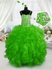  Green Lace Up Kids Pageant Dress Beading and Ruffles Sleeveless Floor Length