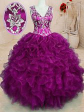  Fuchsia Organza Backless V-neck Sleeveless Floor Length Sweet 16 Dresses Beading and Embroidery and Ruffles