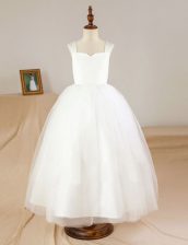 Exquisite White A-line Straps Sleeveless Tulle Floor Length Zipper Ruching Flower Girl Dress
