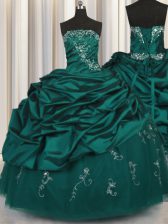Best Pick Ups Embroidery Peacock Green Sleeveless Taffeta Lace Up Quince Ball Gowns for Military Ball and Sweet 16 and Quinceanera